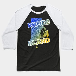 Colorful mandala art map of Rhode Island with text in blue and yellow Baseball T-Shirt